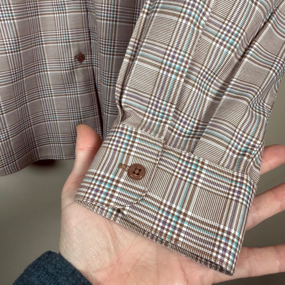 Foxcroft Wrinkle Free Brown Plaid Button Down Shirt Size 14 Career Office - Picture 9 of 10